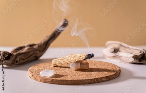 Obraz Peruvian palo santo holy wood smoke. Esoteric objects for meditation, antistress and relaxation purifying concept. Smudge kit for spiritual practices.