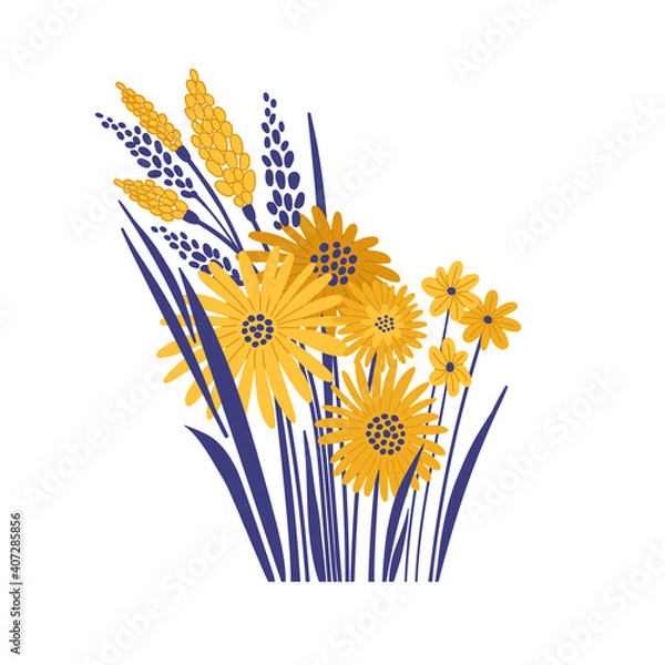 Fototapeta Vector illustration of yellow flowers with dark blue branches. The flowers is calendula. Hand drawn illustration in cartoon style. For web, greeting card, stickers and another print design.
