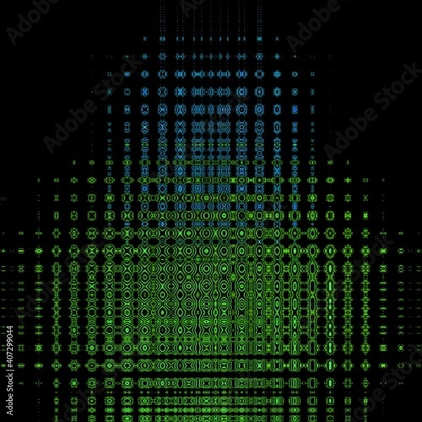 Fototapeta 3D illustration designs based on neon green Mandelbrot style fractal rectangular mosaic pattern