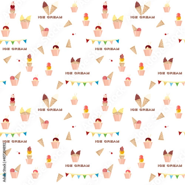 Obraz Ice cream, colorful, different desserts, varieties. Flat design. Vector seamless pattern illustration
