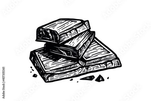 Fototapeta Chocolate pieces on a white background in a hand-drawn style. Slices of chocolate