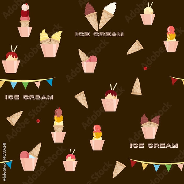 Obraz Ice cream, colorful, different desserts, varieties. Flat design. Vector seamless pattern illustration