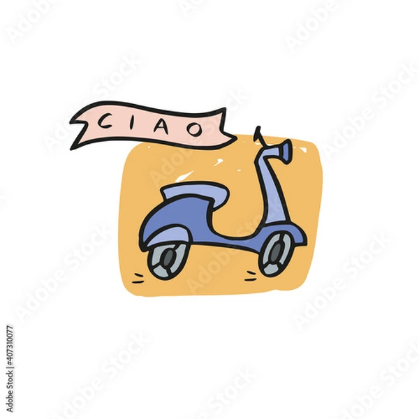 Fototapeta Scooter handdrawn illustration with handlettering word ciao.