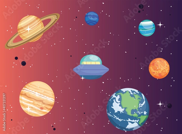 Obraz Space ufo and planets vector design