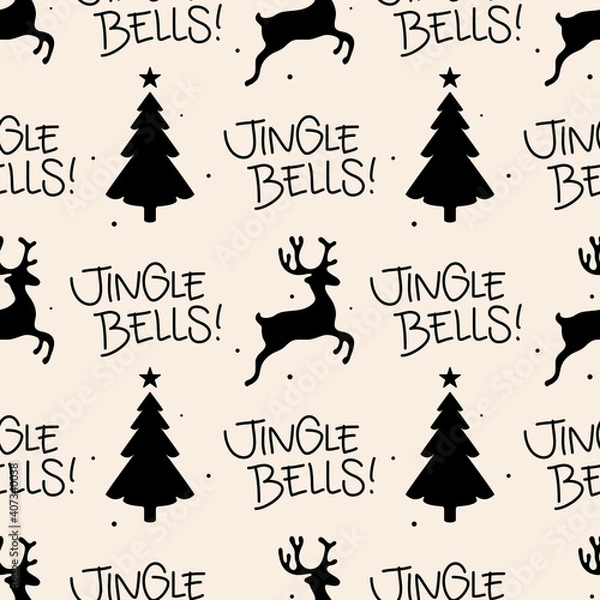 Fototapeta Seamless Christmas pattern with text, Jingle Bells! Reindeer and pine trees illustration. Seasonal background in black and white. Fun xmas concept, holiday greetings. Winter wallpaper design.