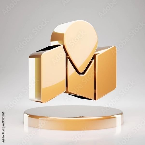 Fototapeta Map Marked icon. Yellow Gold Map Marked symbol on golden podium.