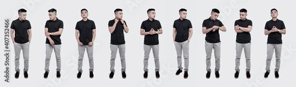 Fototapeta Collection of handsome men wearing black polo shirt posing and standing isolated on white background