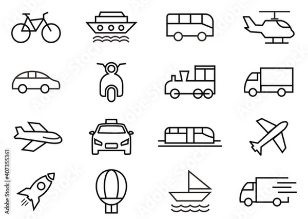 Fototapeta Simple set Transport line icon vector,  transportation illustration, car, taxi, train, ship, bycycle, helicopter and more. editable stroke 