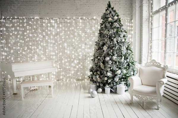 Obraz Christmas tree in interior with white colors lights and boken