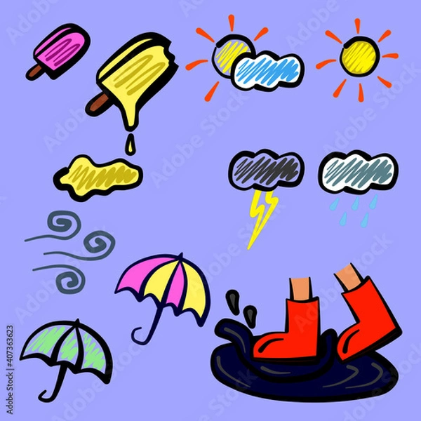 Fototapeta Doodle Cartoon of Ice Cream Popsicle, Various Weather and Boots on Water Puddle, can be used as Icon, Logo or Avatar