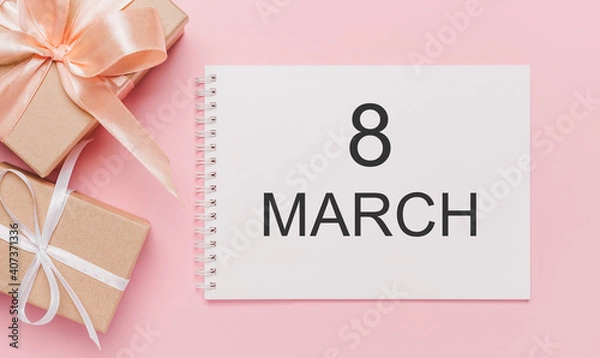 Obraz Gifts with note letter on isolated pink background, love and valentine concept with text 8 march