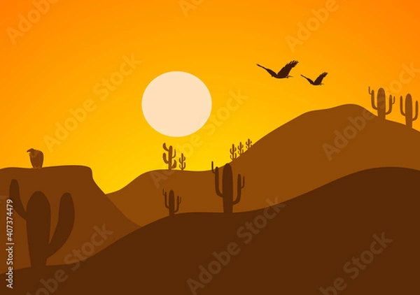 Fototapeta Desert Landscape with Cactus, Hills and Mountains Silhouettes. Vector Nature Horizontal Background