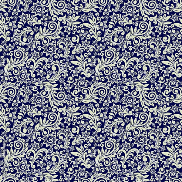 Fototapeta Seamless blue background with beige pattern in baroque style. Vector retro illustration. Ideal for printing on fabric or paper for wallpapers, textile, wrapping.