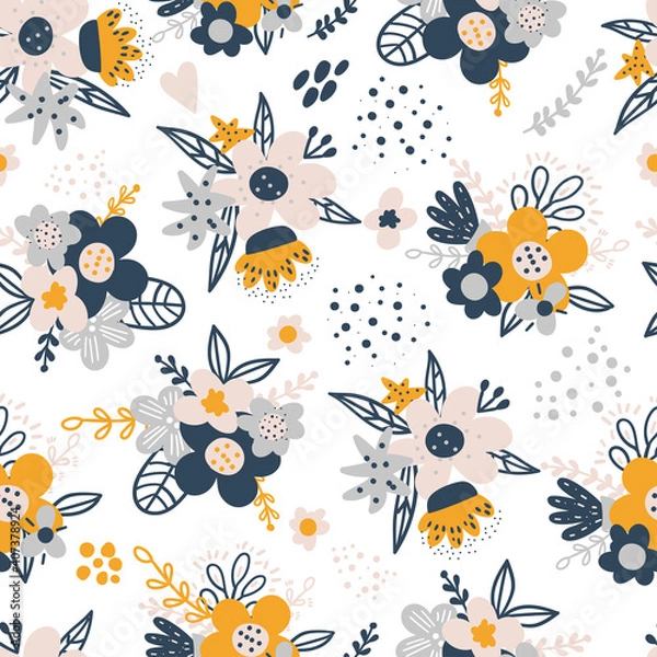 Obraz Seamless pattern with creative decorative flowers in scandinavian style. Great for fabric, textile. Vector background