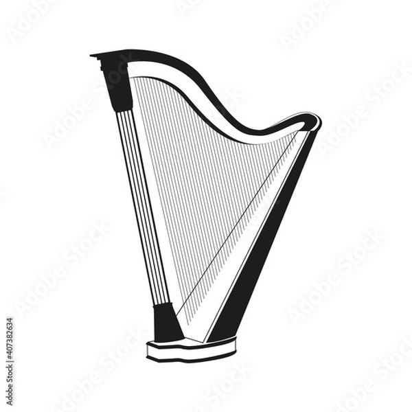 Fototapeta Vector black silhouette of a harp isolated on a white background.