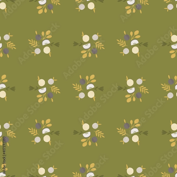 Fototapeta Cartoon seamless pattern with decorative apple shapes and foliage ornament. Green olive background.