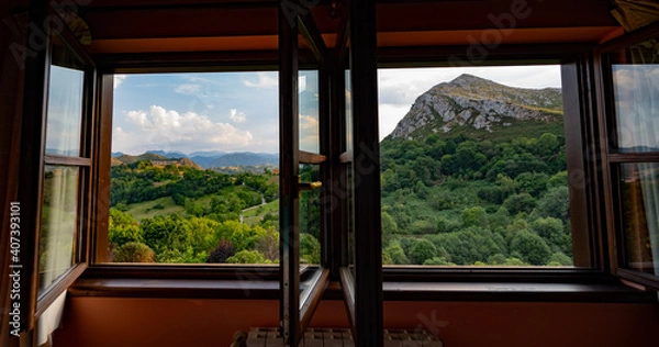 Fototapeta Panoramic view from a window in a rural guesthouse near Arriondas, Asturias, Spain.