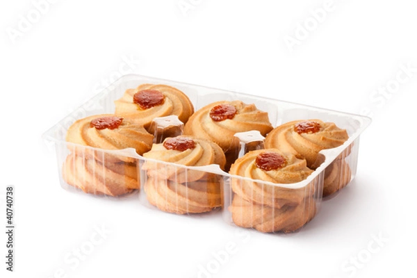 Fototapeta Biscuits with jam toppings in retail package
