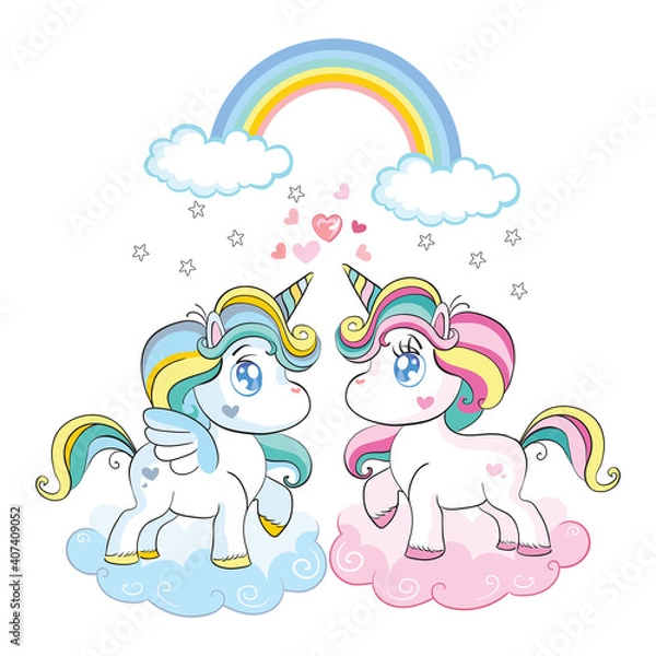 Fototapeta Vector cute baby unicorns character in cloud