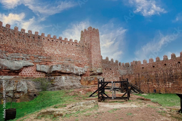 Fototapeta Interior of the Castle of Peracense, 10th-11th centuries with weapons of war of the period, in the province of Teruel, Aragon, Spain.