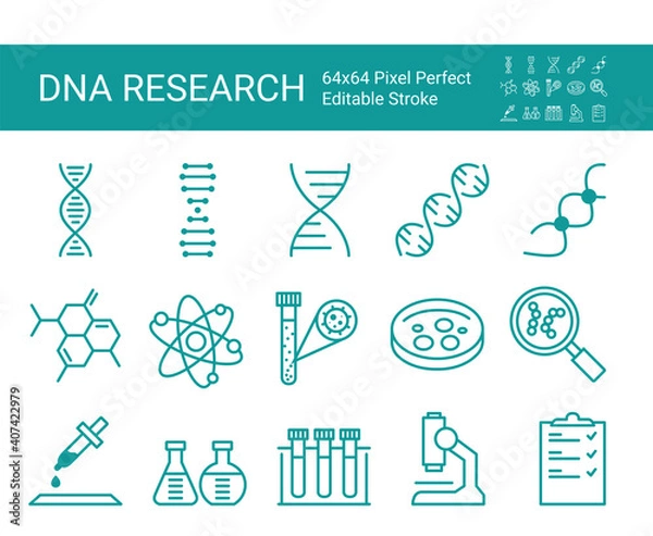 Obraz Set of icons of dna research. Thin line icon of dna, blood, science test, lab, microscope. Editable vector stroke. 64x64 Pixel Perfect.