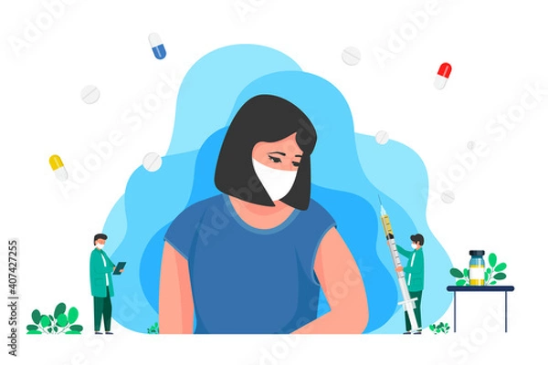 Fototapeta Coronavirus vaccination, doctor injecting a patient in arm muscle, shoulder. For medical publications, immunization and vaccination campaign of people against infection and bacterial disease