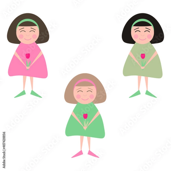 Fototapeta Set of vector cute girls with pink tulips in flat style on a white background. Design element for postcard, poster, wallpaper, print, textile, packing, background. Isolated child characters.