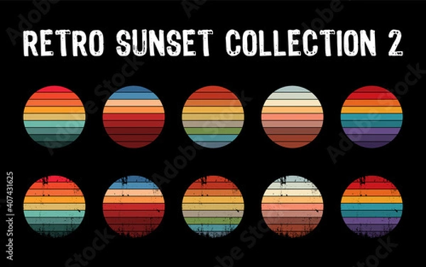 Fototapeta Vintage Sunset Collection w stylu lat 80. lat 80. Zestaw regularnego i zagrożonego retro o zachodzie słońca. Pięć opcji z teksturowanymi wersjami. Okrągłe tło gradientu. Element designu koszulki. Ilustracja wektorowa, płaska