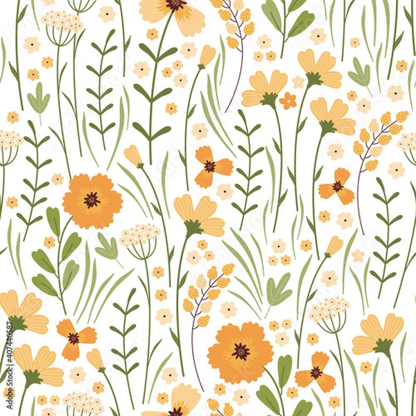 Fototapeta Blooming summer meadow seamless pattern. Repeating floral pattern on white background. Lot of different wild yellow flowers, buds, leaves, stems on the field. Liberty millefleurs. Scandinavian style.