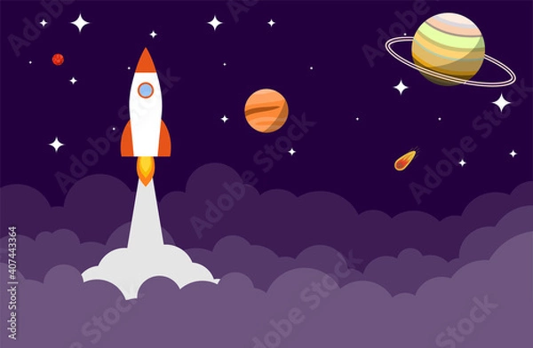 Fototapeta The rocket flies in space to the stars and planets. New startup concept. Vector illustration.