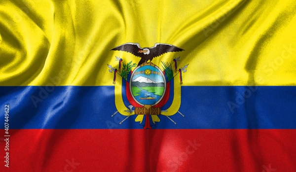 Fototapeta Ecuador flag wave close up. Full page Ecuador flying flag. Highly detailed realistic 3D rendering