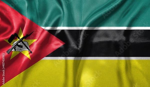 Fototapeta Mozambique flag wave close up. Full page Mozambique flying flag. Highly detailed realistic 3D rendering