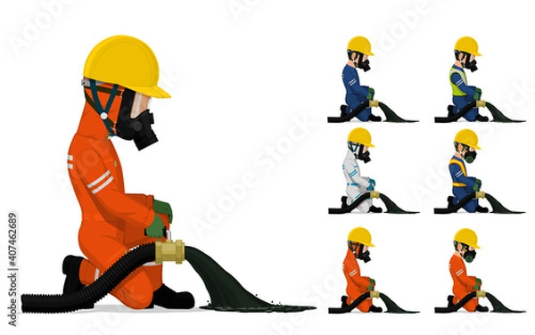 Fototapeta Set of worker is releasing some chemical on the floor