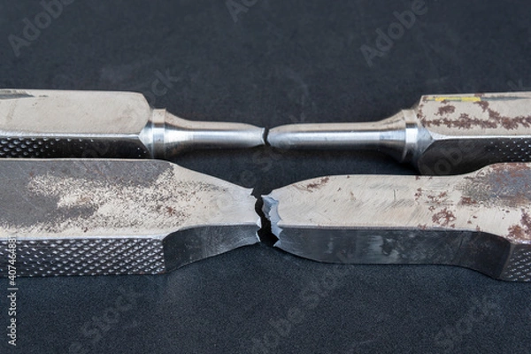 Fototapeta Tensile test is used to determine the strength of a metal or alloy by means of a short-time pull at a constant rate. The test samples will look different for metals, they may be sheet or bar.