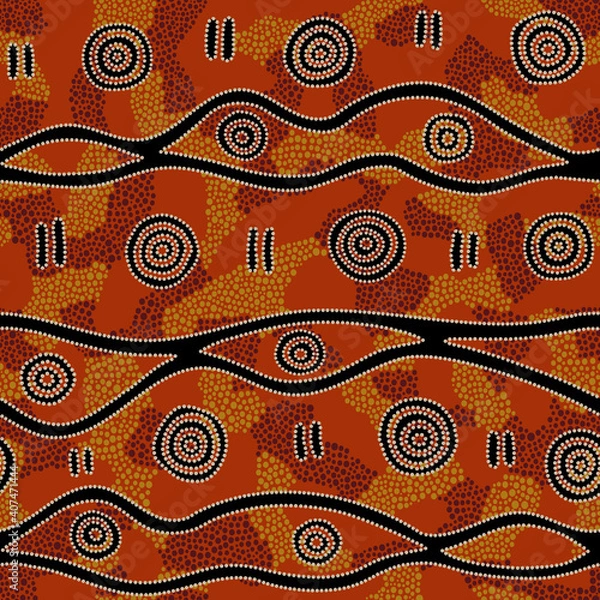 Fototapeta Seamless vector pattern including ethnic Australian motive with dotted different elements on orange background