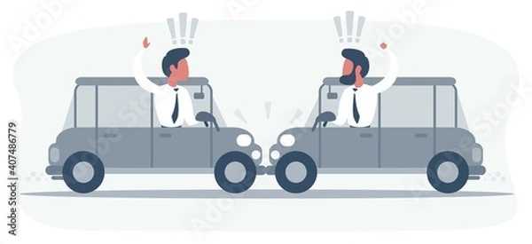 Obraz Conflict between two drivers on cars, no one wants to give way to each other. Men argue and swear, from car side windows. Road congested. Vector illustration, flat design cartoon style.