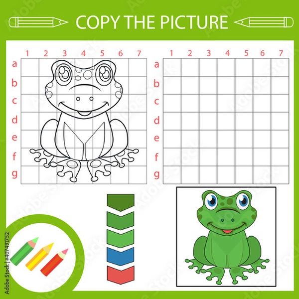 Fototapeta Drawing tutorial. Draw a frog. Activity page. Worksheet for kids. Drawing using grid lines. Coloring page. Vector illustration.