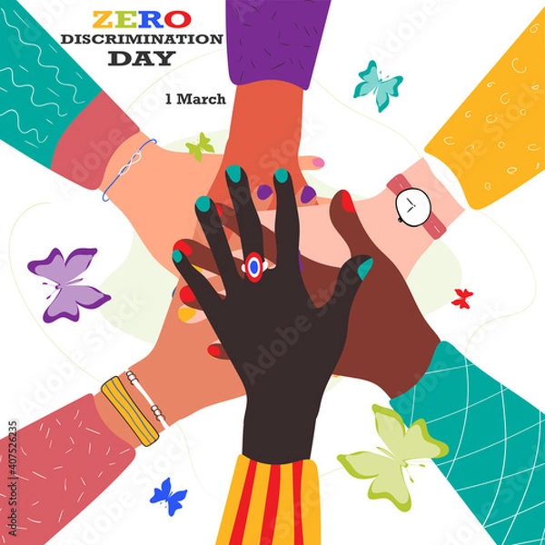 Fototapeta Zero Discrimination Day 1 March. Hands of diverse group of people putting together and different colors of butterflies. Vector stock illustration isolated on white background.
