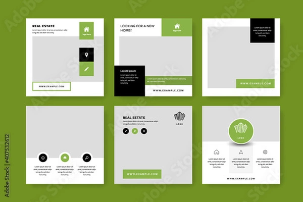 Fototapeta Real estate social media layouts with green elements, square web banners for selling houses, interior and exterior graphic templates