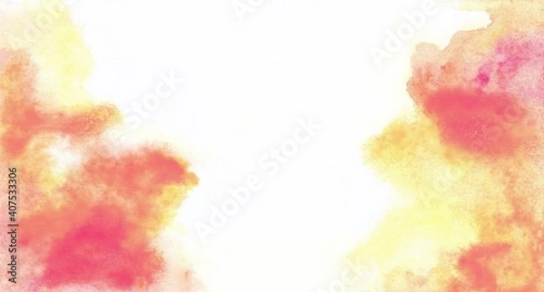 Obraz Purplish pink, Orange and yellow watercolor stains, splashes on a white background.  Hand-drawn backgrounds. The basis for postcards, wallpapers, cards, elements for design.