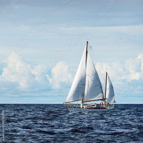 Obraz Old expensive vintage two-masted sailboat (yawl) close-up, sailing in an open sea. Coast of Maine, US. Sport, cruise, tourism, recreation, leisure activity, transportation, nautical vessel