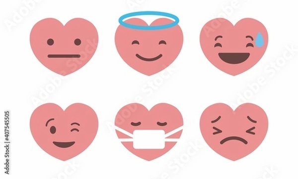 Fototapeta Set of six heart shaped emoticons. Vector emoji heads in the shape of hearts with different emotions on the face. Icons isolated on white background