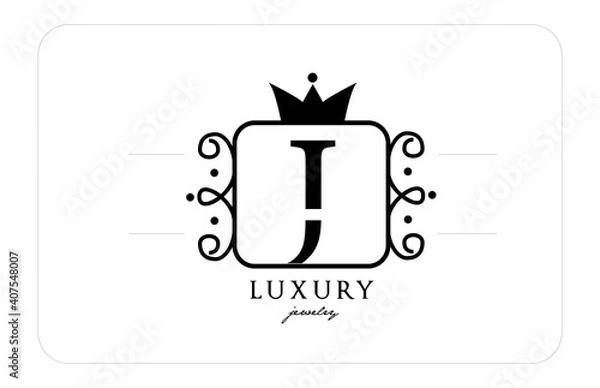Fototapeta J simple monogram alphabet letter logo in black and white. Creative icon design with king crown for luxury company and business