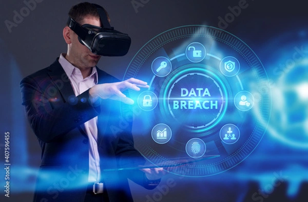 Fototapeta Business, Technology, Internet and network concept. Young businessman working on a virtual screen of the future and sees the inscription: Data breach