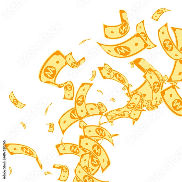 Fototapeta Korean won notes falling. Messy WON bills on white