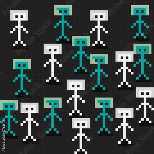 Fototapeta Future generation pixel art. Characters pixel art. Robot picture. Pattern vector background.