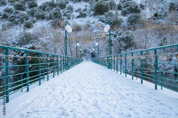 Fototapeta snowy bridge over the river duero