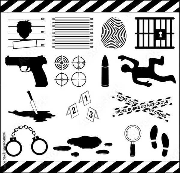 Fototapeta Crime icon set. Murder symbol collection. Criminal illustrations isolated on white background. Contains  murderer investigation, crime scene and outlaw elements.