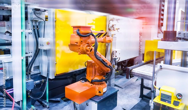 Fototapeta Automatic robot in a smart casting factory.