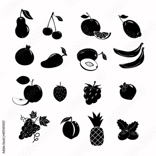 Fototapeta Set of icons with different fruits. Vector monochrome illustration. For logos, cafes, menus, restaurants and various designs.